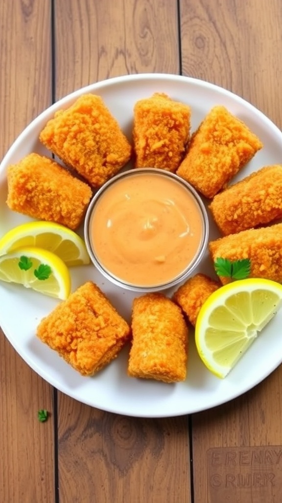 Crispy air fryer salmon nuggets served with dipping sauce and lemon wedges on a rustic table.